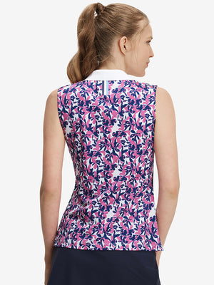 Back upper body shot of model wearing rose red florals women's sleeveless v-neck print golf shirts