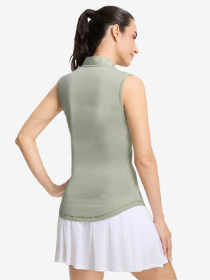 Back upper body shot of model wearing moss green white women's q-zip pin striped texture golf shirts