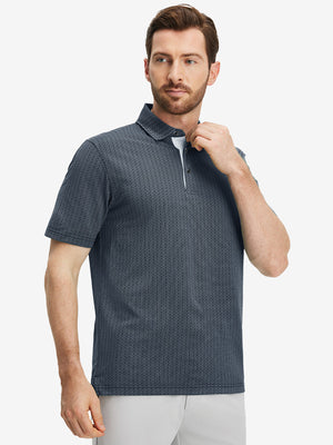 Front upper body shot of model wearing dark blue classic lightweight jacquard golf shirts