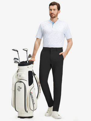 Front full body shot of model wearing black stretch cotton blend slim fit golf trousers 5 pockets