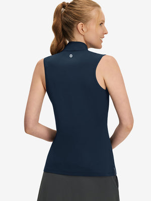 Back upper body shot of model wearing navy women's athletic quarter zip tank tops