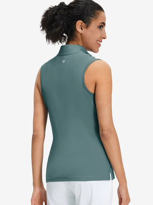 Back upper body shot of model wearing dusty blue women's athletic quarter zip tank tops