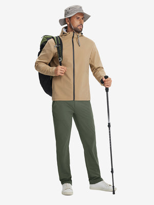 Model wearing a cap and backpack, holding trekking poles, dressed in olive green soft lightweight casual golf pants with 5 pockets.