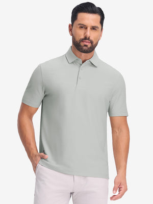 Front upper body shot of model wearing silver grey dry fit waffle textured collared golf shirts