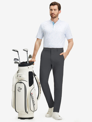 Front full body shot of model wearing dark grey stretch cotton blend slim fit golf trousers 5 pockets