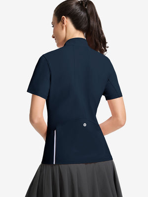Back upper body shot of model wearing navy women's breathable 1/4 zip pullover golf shirts