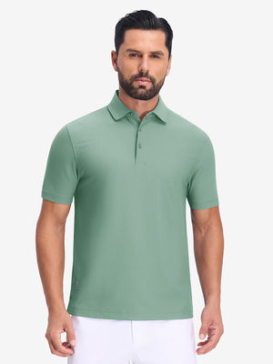 Front upper body shot of model wearing green grey dry fit waffle textured collared golf shirts