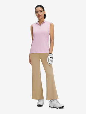 Front full body shot of model wearing light khaki women's high waist stretch golf pants with pockets