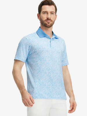 Front upper body shot of model wearing antichoke premium ribbed collar print polo shirts