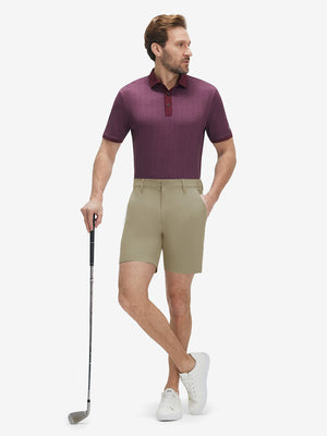 Front full body shot of model wearing khaki flat front hybrid golf shorts