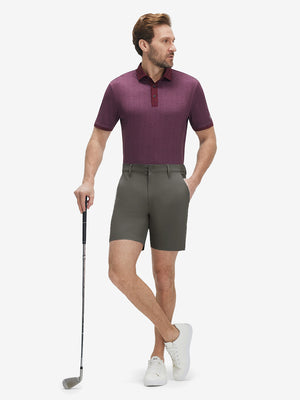 Front full body shot of model wearing tea brown flat front hybrid golf shorts