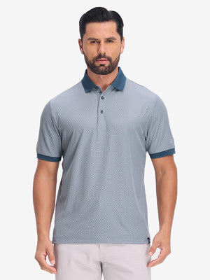 Front upper body shot of model wearing misty blue moisture wicking jacquard golf shirts
