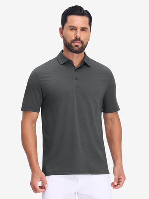 Front half body shot of model wearing light and dark grey comfy breathable pin-stripe texture golf polos