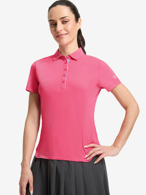 Front upper body shot of model wearing rose women's 5 buttons collared polo shirts