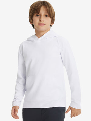 Front upper body view of youth long sleeve hoodied with kangaroo pocket in white, casual fit.