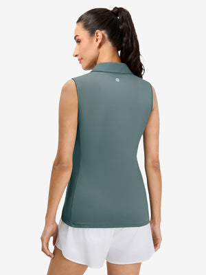 Back upper body view in dusty blue of women's 4 buttons golf polo shirts.