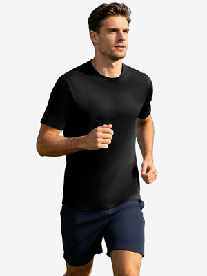 Running front full body view in black of men's short sleeve slim fit roma knit t-shirt.