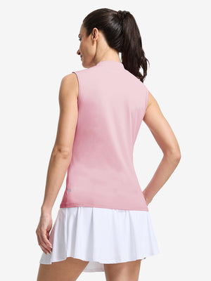 Back upper body shot of model wearing lavender women's moisture-wicking mock neck sleeveless golf tops