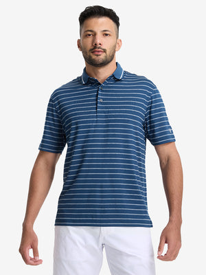 Front upper body shot of model wearing navy peony/arctic white non-curl ribbed collar striped polo shirts