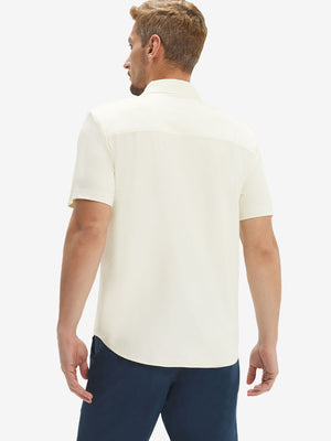 Back upper body shot of model wearing cream cool print plain button up shirts