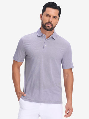 Front half body shot of model wearing light purple white comfy breathable pin-stripe texture golf polos