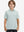 Front half-body shot of youth in yellow stripe performance cooling polo, highlighting design and fit