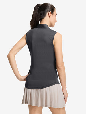Back upper body shot of model wearing light and dark grey women's q-zip pin striped texture golf shirts