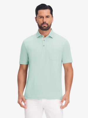 Front upper body view in light green heather of performance heather contrast collar polo shirts.