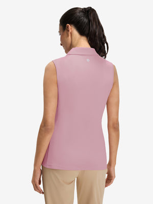  Back upper body view in  lavender of women's 4 buttons golf polo shirts.