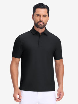 Front upper body shot of model wearing black dry fit waffle textured collared golf shirts