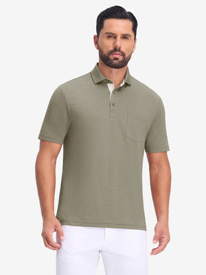 Front upper body view in taupe heather of performance heather contrast collar polo shirts.