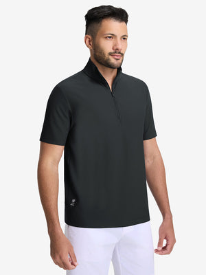 Front upper body shot of model wearing black waffle texture 1/4 zip pullover