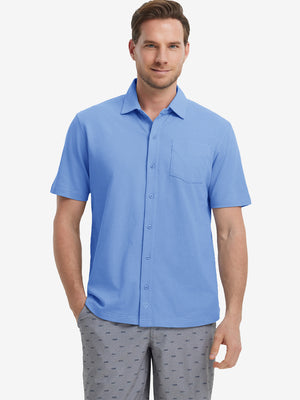Model half-body front view wearing blue cotton blend plain shirt.