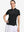 Front upper body shot of model wearing black women's 5 buttons collared polo shirts