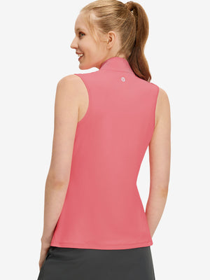 Back upper body shot of model wearing pink women's athletic quarter zip tank tops