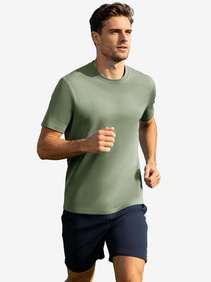 Running front full body view in green grey of men's short sleeve slim fit roma knit t-shirt.