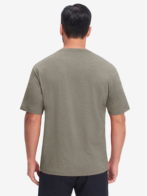 Back upper body view in taupe heather of moisture wicking heather round neck athletic t-shirts.