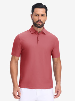 Front upper body shot of model wearing brick red dry fit waffle textured collared golf shirts