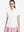 Front upper body shot of model wearing white women's 5 buttons collared polo shirts