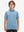 Front half-body shot of youth in green ash stripe performance cooling polo, highlighting design and fit