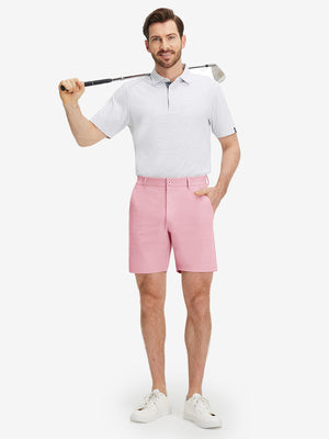 Front full body shot of model wearing pink flat front flex cotton blend golf shorts