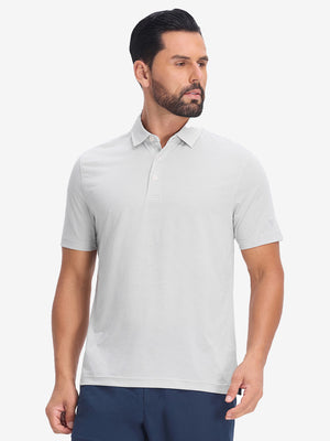 Front half body shot of model wearing light grey white comfy breathable pin-stripe texture golf polos