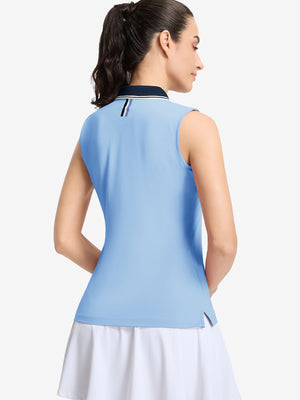 Back upper body shot of model wearing light blue women's collared v neck quick dry tank tops
