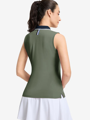 Back upper body shot of model wearing mossy stone women's collared v neck quick dry tank tops