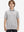 Front half-body shot of youth in grey white stripe performance cooling polo, highlighting design and fit
