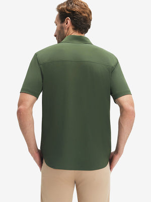 Back upper body shot of model wearing military green cool print plain button up shirts