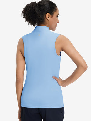 Back upper body shot of model wearing light blue women's athletic quarter zip tank tops