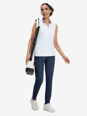 Front full body shot of model wearing navy women's lightweight athletic sweatpants