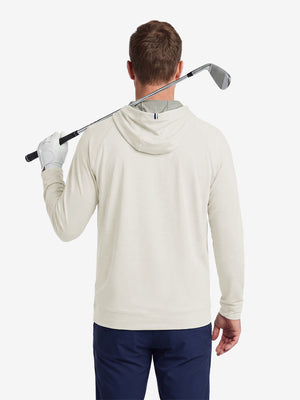 Model back upper body display shot, heather midlayer golf hoodies in light khaki heather