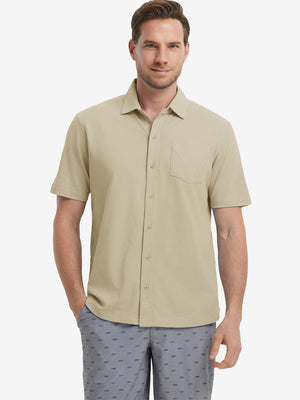 Model half-body front view wearing khaki cotton blend plain shirt.